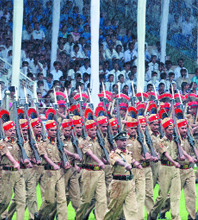 Delhi police parade during the Independence Day celebrations at Ambedkar Stadium in New Delhi on Saturday.