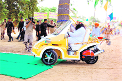 Dera Sacha Sauda chief Gurmeet Ram Rahim Singh arrives for a plantation drive on Saturday. 