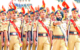 BSF personnel during march past at Guru Gobind Singh Stadium in Jalandhar on Saturday.