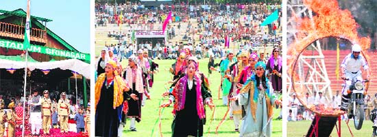 (From left) Chief Minister Omar Abdullah unfurls the national flag on the 62nd Independence Day at the Bakshi Stadium in Srinagar on Saturday; college girls present a cultural programme; and a police personnel performs a daredevil act