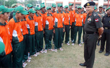 Boys from Jammu and Kashmir interact with Lt-Gen D.S. Chauhan, GOC, Chetak Corps, at Bathinda military station on Sunday. 