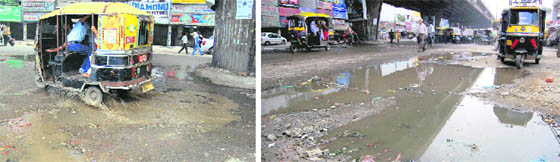 The old GT road that has developed potholes after rains, providing a bumpy ride in Ludhiana.
