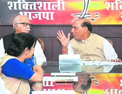 BJP chief Rajnath Singh with LK Advani and Sushma Swaraj at the parilamentary board meeting of the party in New Delhi on Sunday.