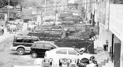 Encroachments in front of shops at the building material market at Baltana in Zirakpur. 