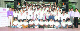 ONGC chairman and managing director RS Sharma with students who were awarded scholarship by ONGC.