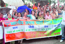 BJP workers protesting against price hike at Shimla on Monday.