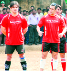 Indian bollywood actors Sohel Khan (C) and Salman Khan (R) are seen during a 9-on-9 celebrity football match at Supari Talao Garden in Bandra, Mumbai on Saturday.