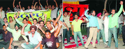 Members of student bodies protest in Sector 25, Chandigarh, on Tuesday. 