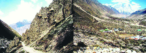 The eroded slope and the winding trek to Gaumukh; and (right) Bhojbasa, the only shelter on the trek.