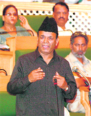 Finance Minister Abdul Rahim Rather drives home a point during his reply to the debate on the budget in the Assembly in Srinagar on Tuesday. 