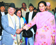 Nepals PM Madhav Kumar Nepal being received by Minister of State for External Affairs Preneet Kaur at IGI Airport in New Delhi on Tuesday. 
