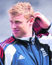 Englands Andrew Flintoff looks away before a training session before the fifth Ashes Test against Australia at the Oval in London
