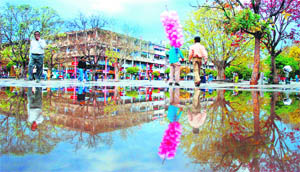 Mirror Image: A panoramic view of the Sector 17 plaza after rain in Chandigarh on Wednesday.