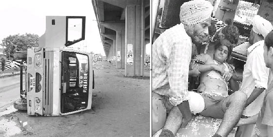 A school bus that flipped after an accident at Zirakpur; and (right) an injured being taken in an ambulance at Dera Bassi on Wednesday. Tribune photographs
