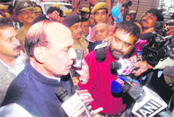BJP president Rajnath Singh announcing the expulsion of former union minister Jaswant Singh from the party after coming out of the Chintan Baithak at Shimla on Wednesday. 