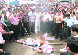 Members of dyeing industry burn the effigy of chairman of PPCB Yogesh Goel in Ludhiana on Wednesday.