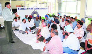 Central excise inspectors hold a demonstration in Ludhiana on Wednesday. 