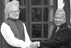 Prime Minister Manmohan Singh with Nepal Prime Minister Madhav Kumar Nepal during a meeting in New Delhi