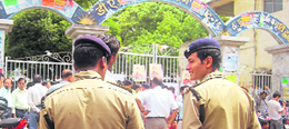 Policemen deployed outside DAV (PG) College in Dehradun to check ragging.