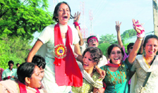 Winning students celebrating their victory in SCA elections at a postgraduate college in Hamirpur on Friday.