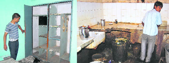 A broken cupboard sans panels in a boys hostel; and (right) the condition of one of the kitchens in a hostelon the PAU campus.