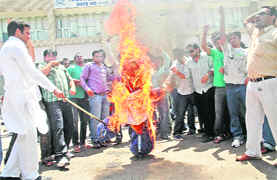 INSO members burn the effigy of the HPSC alleging irregularities in the HCS exam, Panchkula, on Saturday. 