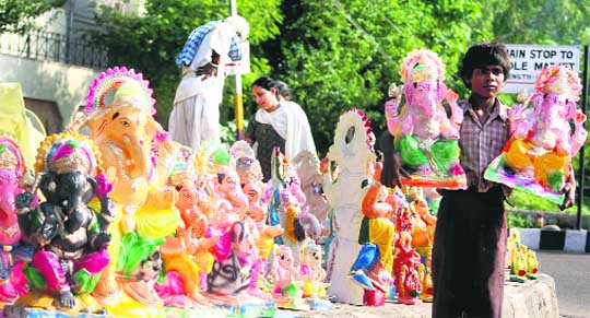 Idols of Lord Ganesha on sale on the eve of Ganesh Chaturathi in Jammu