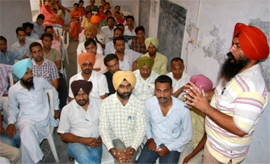 District president of the ETT Teachers Front Jaswinder Singh addressing a union meeting at the Teachers Home in Bathinda on Sunday.