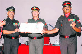 Maj-Gen JP Singh releases a newsletter and a first-day cover to commemorate diamond jubilee of 140 Air Defence Regiment at Chandi Mandir.