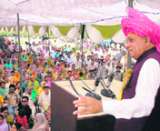Chief Minister PK Dhumal addressing a gathering on the occasion of Maharana Pratap Jayanti at Kathgarh on Sunday.