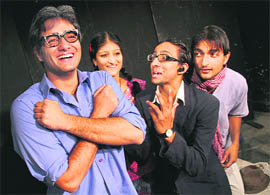 A scene from Pantrebaaz presented by Natrang in its weekly theatre show in Jammu on Sunday. The play is based on two close friends, who befool each other by crooked tactics. The play depicts the erosion of human values. It projects as to how a majority of the people look for a shortcut and unlawful means to achieve their objectives in life. It sarcastically portrays that Dishonesty is the best policy in todays world.