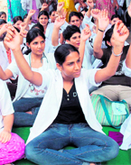 Members of the Juniors Doctors Association, Government Medical College, Patiala, sit on a dharna on Monday.
