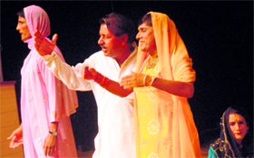 Artistes perform Haryanvi saang Anangpal at Tagore Theatre in Chandigarh on Monday.
