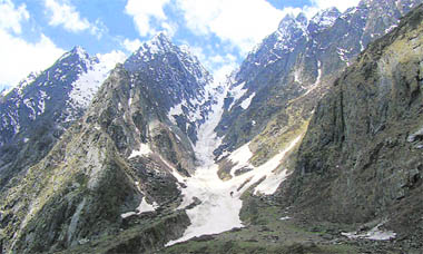 A receding glacier owing to climate change near Badrinath in Chamoli district.