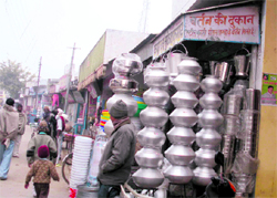 An encroachment by a shopkeeper in the main market in Gohana.