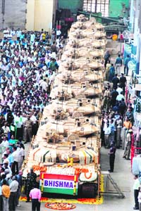 Indigenously manufactured T-90 Tanks Bhishma at the rolling out ceremony in the Heavy Vehicles Factory, Avadi, in Chennai