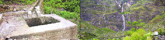 A dried out irrigation channel in Tehri Garhwal because of scarce rainfall; and (right) a strip of a waterfall in Chamoli.