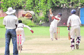 A match between KVM and overnment High School, Haibowal Khurd, in progress at MGM Public School on Tuesday. 