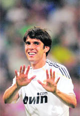 Real Madrids Kaka gestures during their Santiago Bernabeu trophy soccer match against Rosenborg at Santiago Bernabeu stadium in Madrid on Monday.