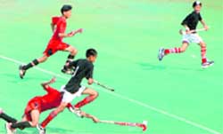 A match in progress between Malwa Khalsa School, Ludhiana, and MRS Hockey Academy, Amritsar, 