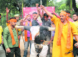 Bajrang Dal activists protest in Jammu on Wednesday against the theft of idols in Kishtwar temples.