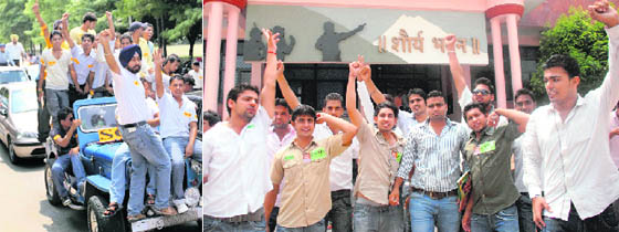 Members of various student bodies protest at Panjab University; and (right) DAV College in Chandigarh after the university declares schedule of student council elections on Thursday.