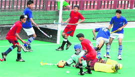 A match in progress between Surjit Hockey Academy, Jalandhar, and Malwa Khalsa School, Ludhiana, at Hockey stadium, Sector 42, in Chandigarh on Thursday.