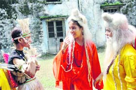 Students dress up to stage a play at a Sanskrit promotion competition in Dehradun