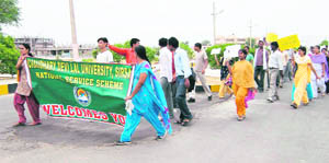 NSS volunteers of Chaudhary Devi Lal University hold an awareness rally in Sirsa.