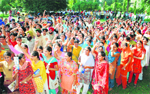Students of Guru Nanak Dev Engineering College strike for the second consecutive day in Ludhiana on Thursday.