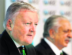 International Cricket Council president David Morgan (left) and Pakistan Cricket Board chairman Ijaz Butt talk to journalists during a press conference at the ICC headquarters in Dubai on Thursday.