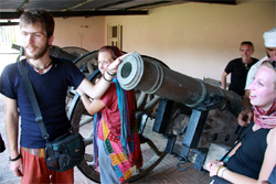 Foreign tourists during their visit to the Quila Mubarak in Bathinda on Friday