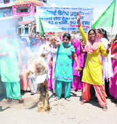 Activists of the womens wing of the INLD stage a protest against price rise in Karnal on Friday.