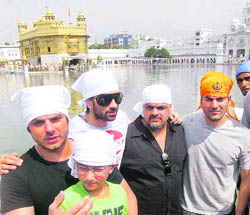 Bollywood stars Arbaaz Khan, Sohail Khan and Ajay Devgan, along with crew members of Kissan, in Amritsar on Friday.